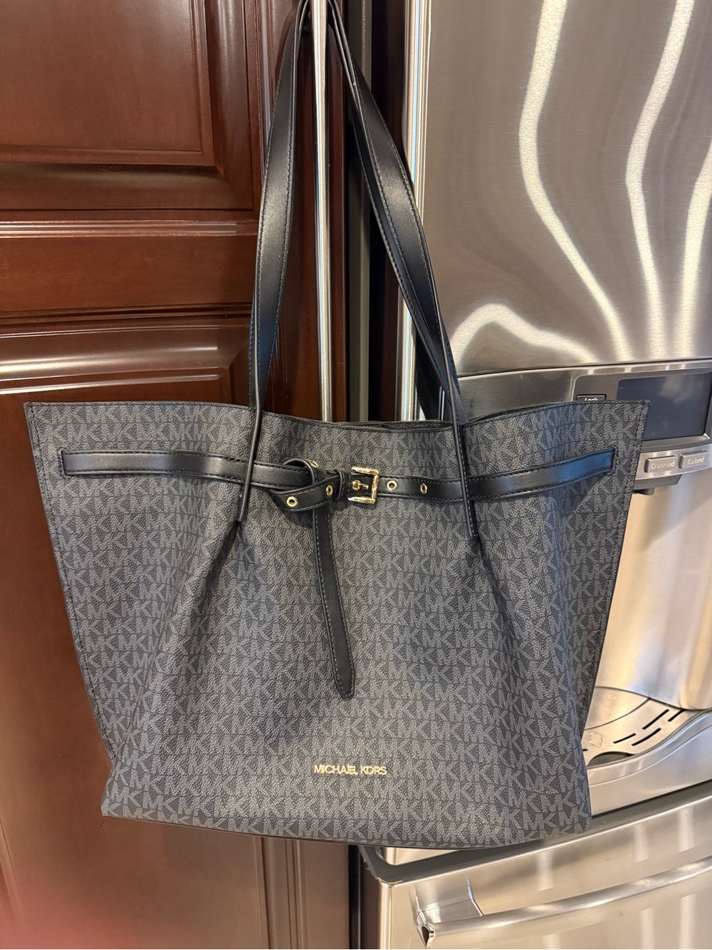 Michael Kors Black Logo Monogram Tote with Gold Hardware